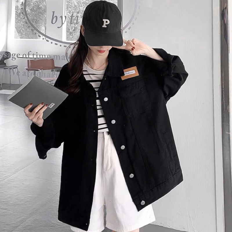 ÁO KHOÁC JACKET JEANS ĐEN TRƠN TÚI HỘP TAG NÂU