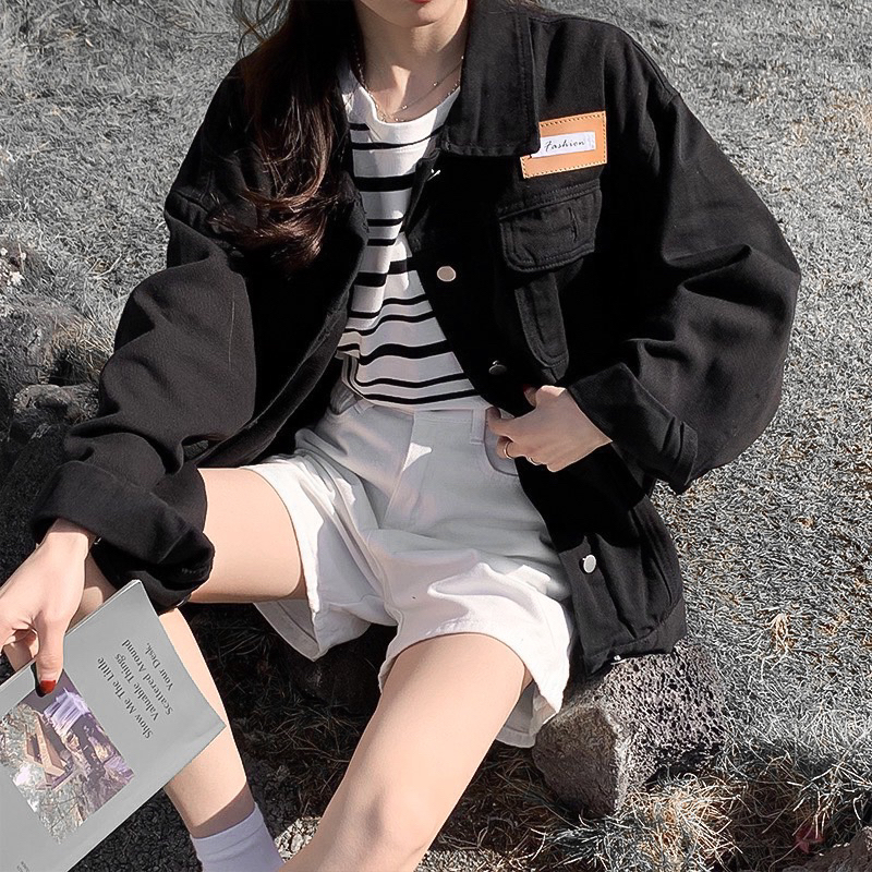 ÁO KHOÁC JACKET JEANS ĐEN TRƠN TÚI HỘP TAG NÂU