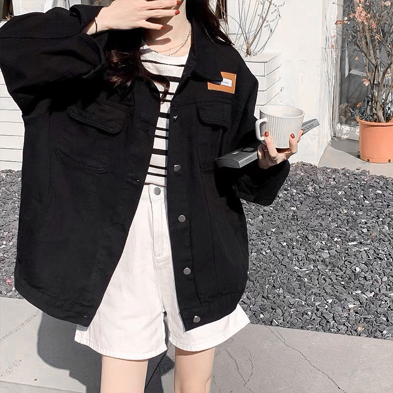 ÁO KHOÁC JACKET JEANS ĐEN TRƠN TÚI HỘP TAG NÂU