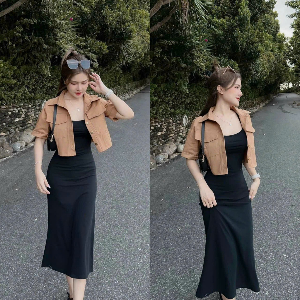 Set đầm thun tăm gân dáng maxi ôm body kèm áo khoác form ngắn sang chảnh, cá tính và quyến dũ [888]