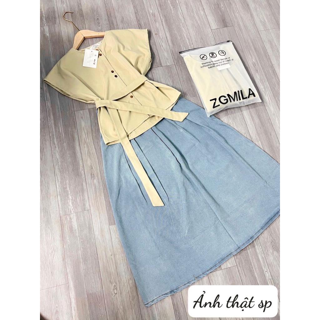Áo sơ mi vàng chanh phối chân váy denim, set áo tay hến thiết kế cao cấp sang trọng đi làm đi chơi đi tiệc
