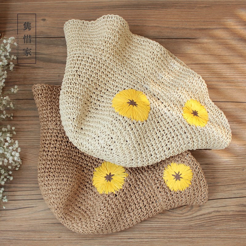 Mũ Cói Mũ Nan Đi Biển Họa Tiết Đan Hoa Thời Trang, Nón Tai Bèo Vành Rộng