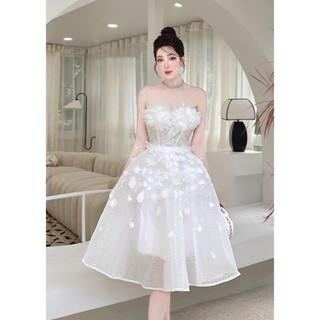 VÁY CƯỚI -ĐI TIỆC KIM TUYẾN LẤP LÁNH ĐÍNH HOA LÔNG VŨ FULL SIZE S/M/L/XL