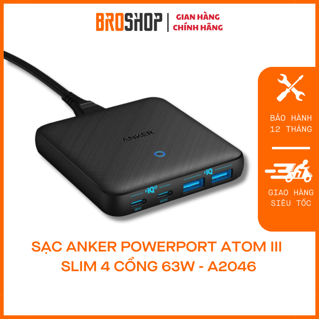 [CHÍNH HÃNG] SẠC ANKER POWERPORT ATOM III SLIM 4 CỔNG 63W - A2046 - Broshop