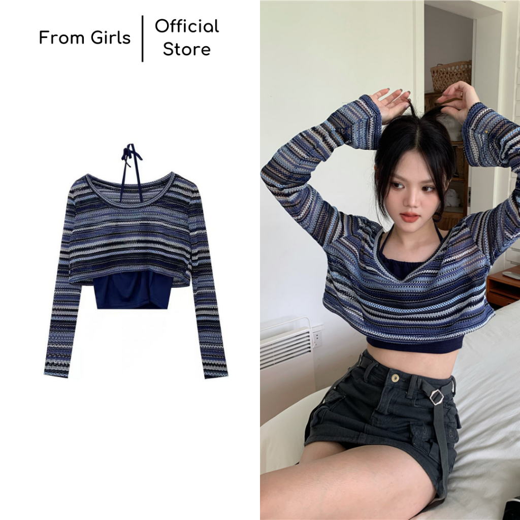Set áo croptop len lưới mix yếm buộc cổ xanh dương from_girls - SET211