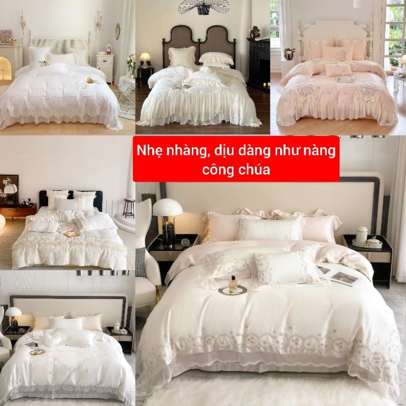 Bộ chăn ga gối thêu ren công chúa cao cấp chất đẹp