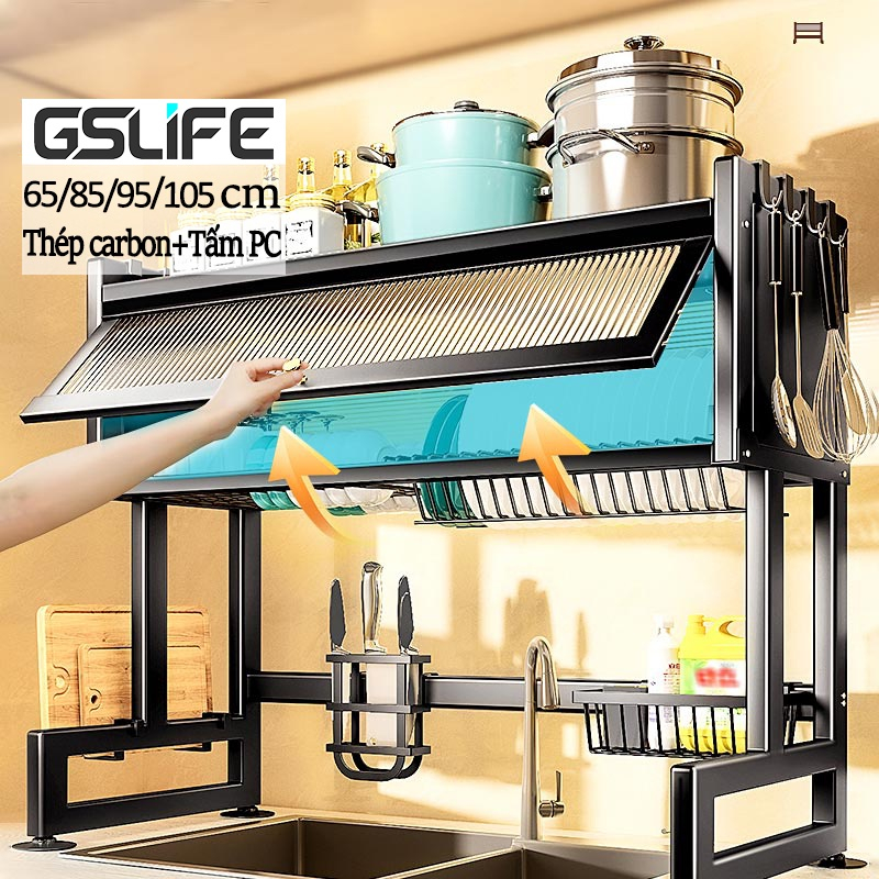 Kệ Tủ Nhà Bếp Có Nắp Đậy Đa Năng Trên Bồn Rửa Thép Carbon 2 Tầng Đen Chống Bụi Tiết Kiệm Không Gian
