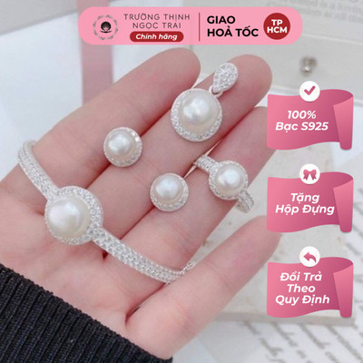 Bộ Trang Sức Ngọc Trai Bạc 925 Kiềng Tay Bạc 4 Món Sang Trọng - Ngọc Trai Trường Thịnh