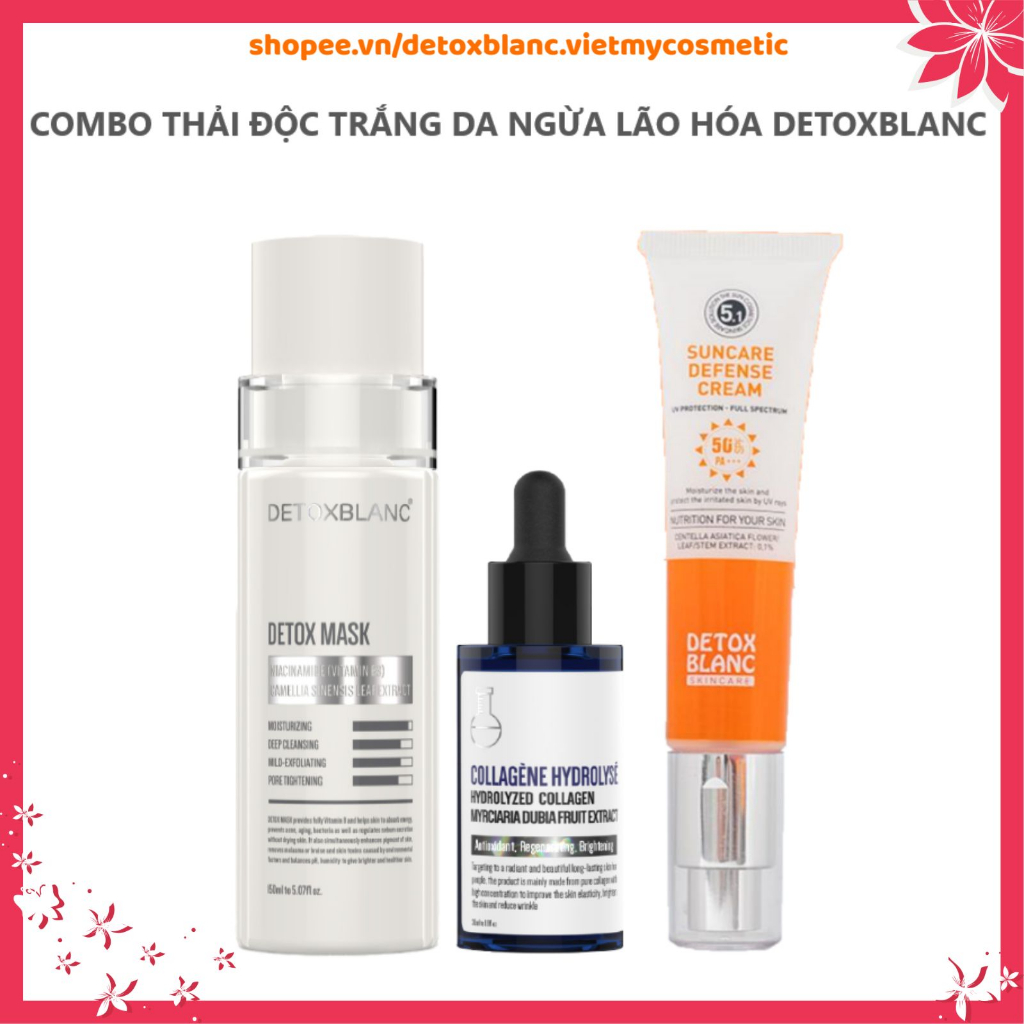 Combo trắng da căng mịn detox blanc gồm detox mask+serum collagen+kem chống nắng phổ rộng spf50++