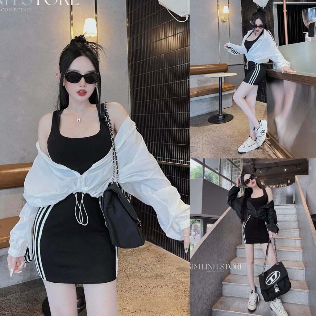 Đầm váy nữ body ba lỗ phối sọc viền tôn dáng xinh xắn mix áo khoác croptop dài tay kéo khóa trẻ trung, năng động