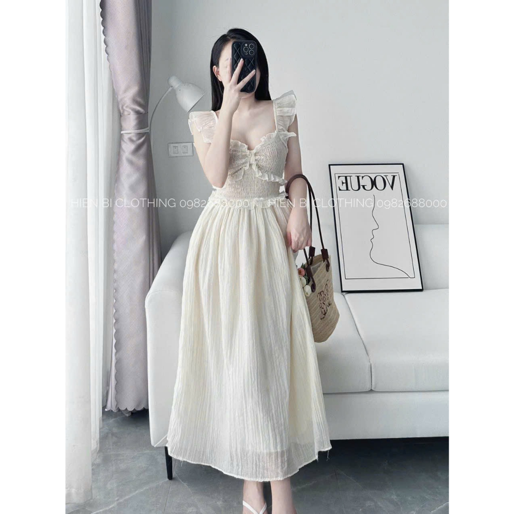 Đầm váy nữ xòe nhún ngực xoắn nơ cánh tiên bèo xinh xắn dành cho các nàng diện đi chơi, đi biển nhẹ nhàng, siêu xinh