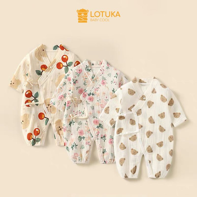 [Xô Muslin] Bodysuit Tay Dài LOTUKA Cho Bé Trai Bé Gái, Body Buộc Dây Thu Đông 2 Lớp, Đồ Bộ Liền Thân Cho Bé 3-12kg