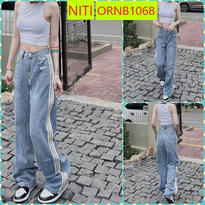 QUẦN JEANS ỐNG RỘNG NỮ LƯNG CAO 3 SỌC TRẮNG PHỐI RÁCH NHẸ TÚI MÀU XANH NHẠT LAI CUỐN ĐỈNH CAO HOT HIT CÁ TÍNH