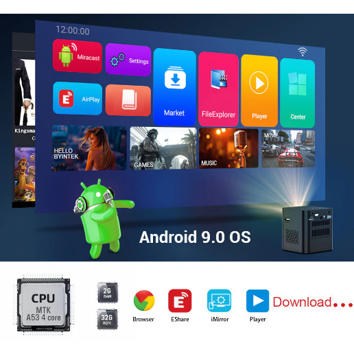 Máy chiếu mini 3D BYINTEK P19 Pro Full HD 1080P 4K 2023 tích hợp pin cực nhỏ đem đi du lịch dã ngoại bảo hành 12 tháng