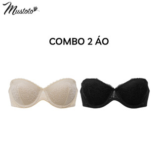  COMBO 2 Áo Lót Nữ Mustoto Ren Tháo Dây Mút Mỏng 1cm Cúp Ngang Bra Multiway Confetti Da Đậm, Đen (MA25)