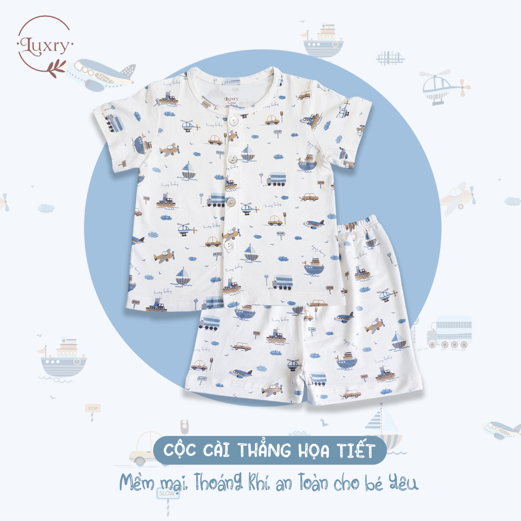Bộ quần áo cộc tay cài thẳng họa tiết Luxry đáng yêu cho bé từ sơ sinh đến 4 tuổi