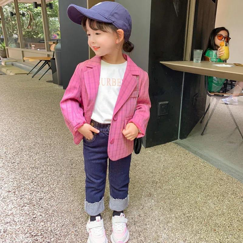 SÉT váy thô khoác vest tay dài kẻ sọc màu hồng  phong  cách mùa thu Hàn Quốc cho bé gái 10-30kg