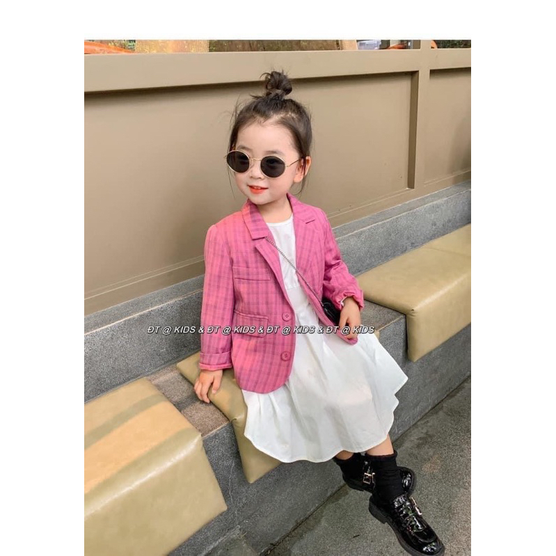 SÉT váy thô khoác vest tay dài kẻ sọc màu hồng  phong  cách mùa thu Hàn Quốc cho bé gái 10-30kg