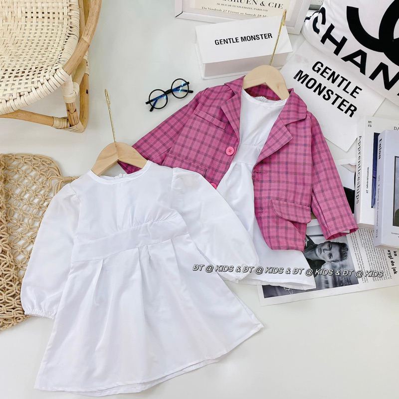 SÉT váy thô khoác vest tay dài kẻ sọc màu hồng  phong  cách mùa thu Hàn Quốc cho bé gái 10-30kg