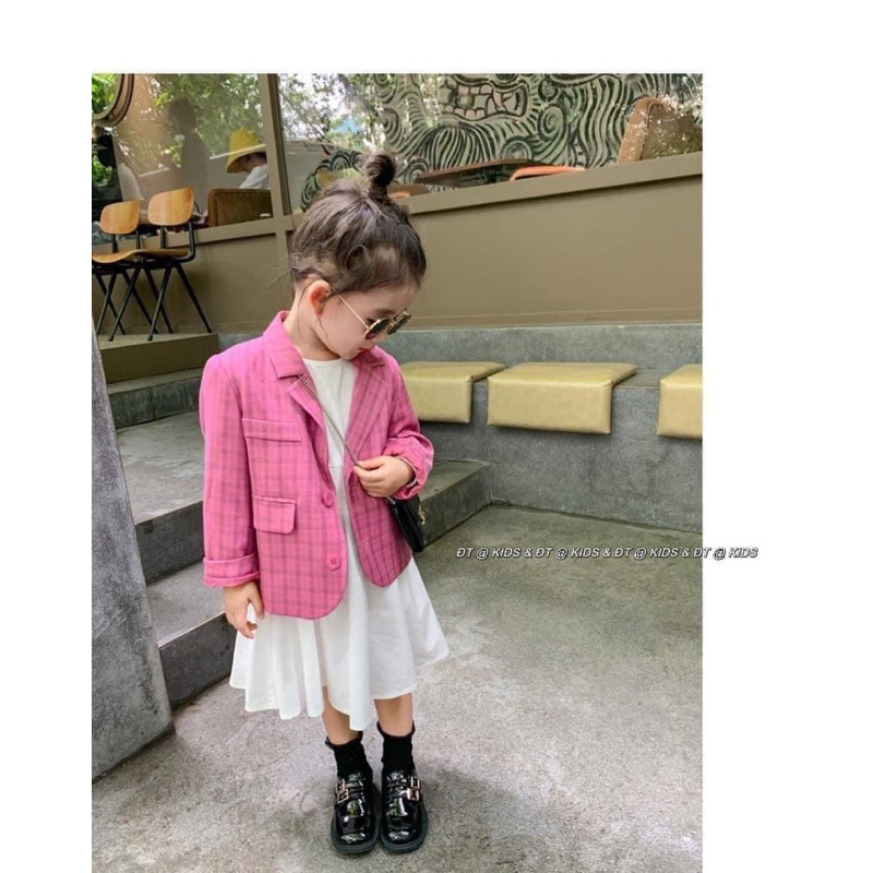 SÉT váy thô khoác vest tay dài kẻ sọc màu hồng  phong  cách mùa thu Hàn Quốc cho bé gái 10-30kg