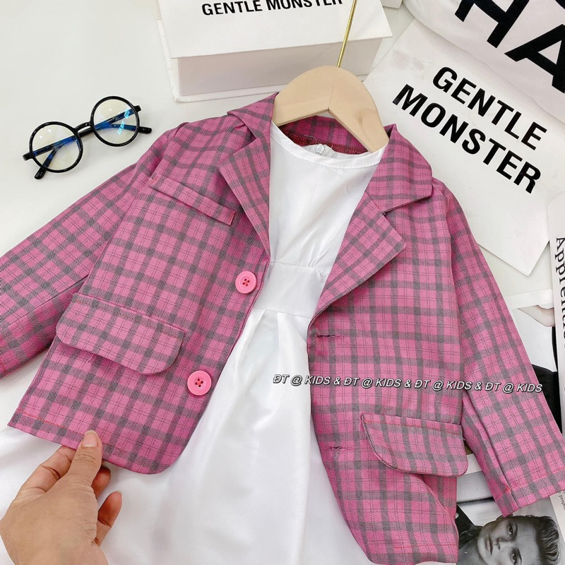 SÉT váy thô khoác vest tay dài kẻ sọc màu hồng  phong  cách mùa thu Hàn Quốc cho bé gái 10-30kg