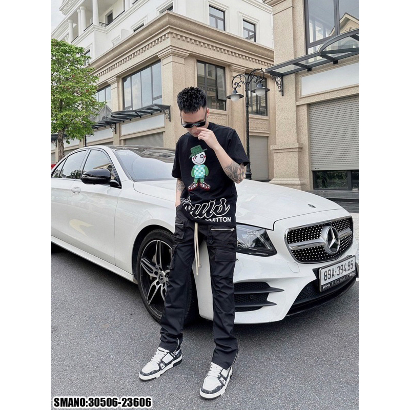 Áo thun thêu búp bế louis xanh đơn giản,áo thun louis chữ to thêu búp bê xanh đội mũ