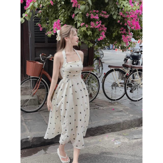 Đầm váy nữ cổ yếm bo chun lưng phối họa tiết hoa nhí dễ thương, váy tiểu thư dáng dài 2 lớp xòa siêu sang chảnh xinh