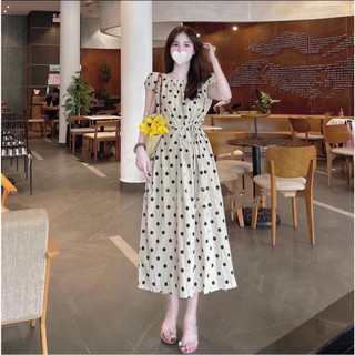 Đầm Váy Nữ Tiểu Thư Thiết Kế Mặc Được Nhiểu Kiểu, Váy Maxi Nữ Dáng Suông Dài Tay Bồng Họa Tiết Chấm Bi Siêu Dễ Thương