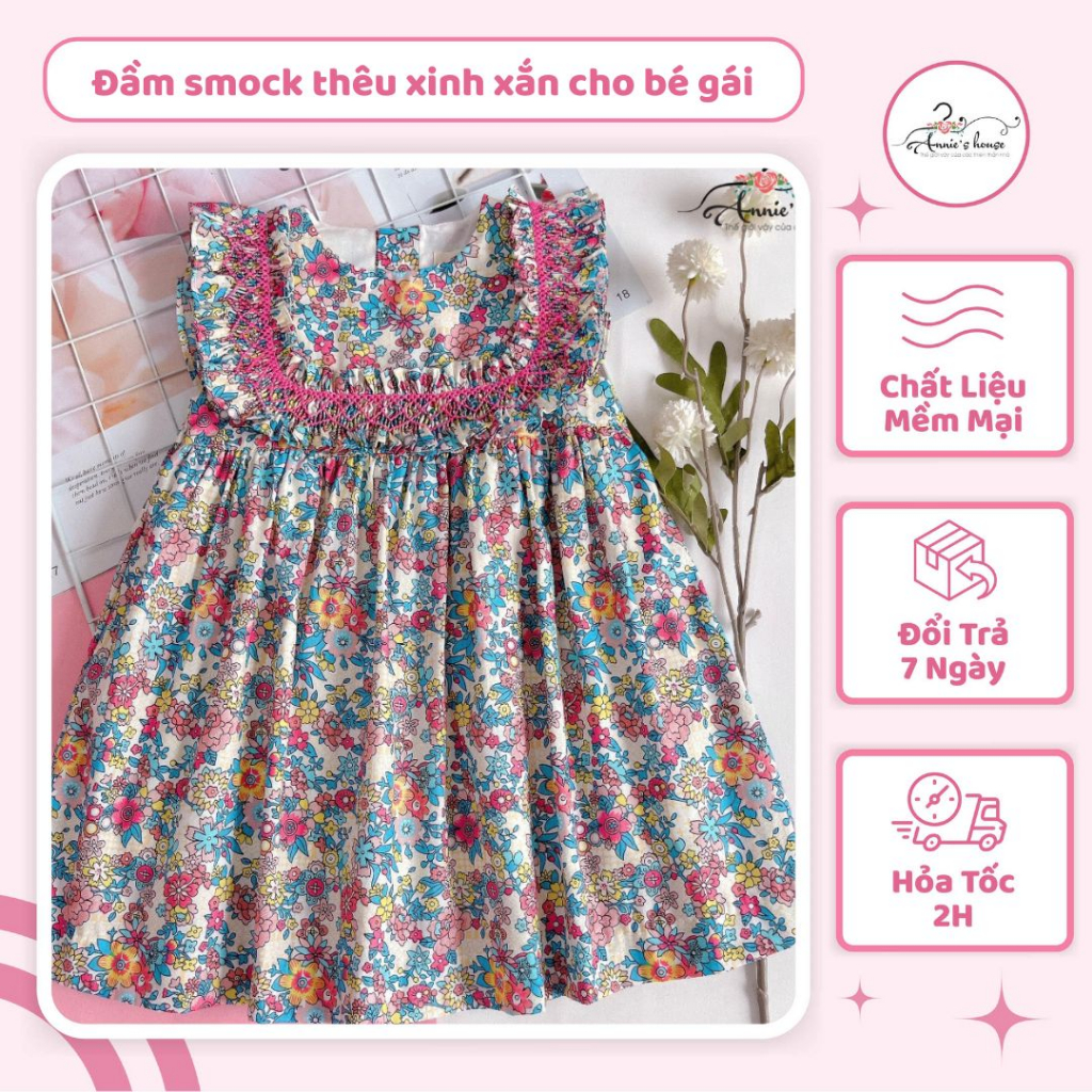 Váy bé gái Annie, đầm smock viền thêu bèo vuông họa tiết hoa nhí dễ thương 2 màu cho bé 9-33kg