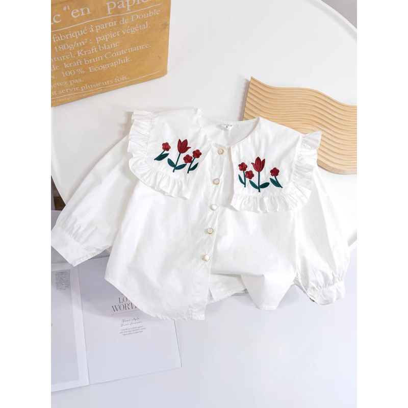 14-24kg áo sơ mi cổ bèo tiểu thư cho bé gái, áo trắng đi học cho bé gái