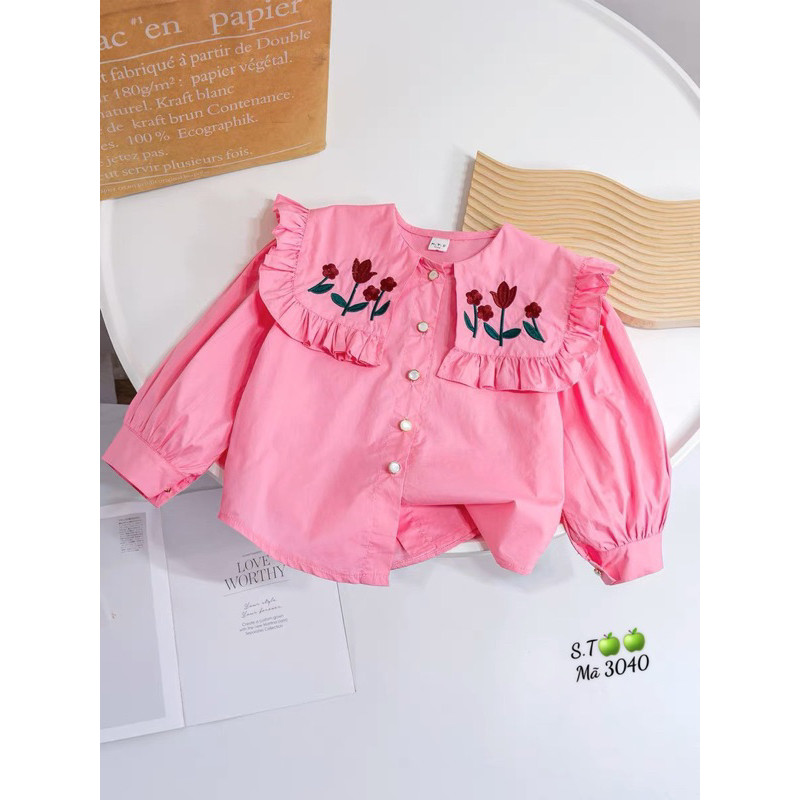 14-24kg áo sơ mi cổ bèo tiểu thư cho bé gái, áo trắng đi học cho bé gái