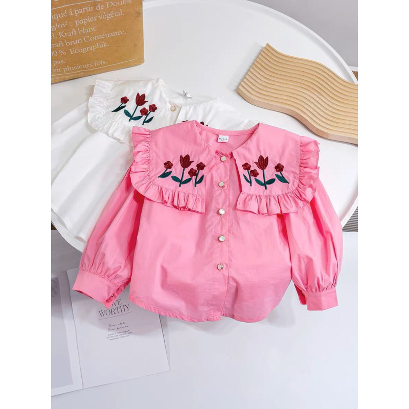 14-24kg áo sơ mi cổ bèo tiểu thư cho bé gái, áo trắng đi học cho bé gái