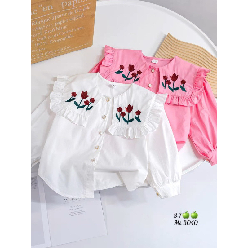 14-24kg áo sơ mi cổ bèo tiểu thư cho bé gái, áo trắng đi học cho bé gái