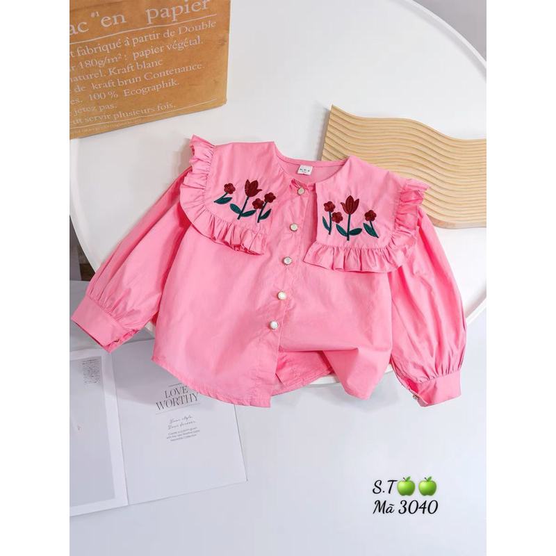 14-24kg áo sơ mi cổ bèo tiểu thư cho bé gái, áo trắng đi học cho bé gái