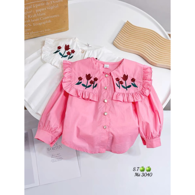 14-24kg áo sơ mi cổ bèo tiểu thư cho bé gái, áo trắng đi học cho bé gái