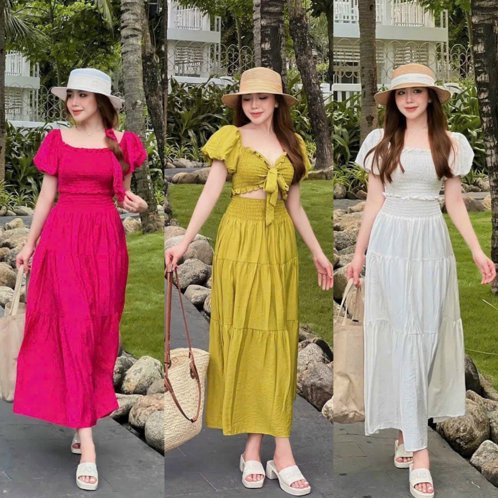 Set bộ váy nữ áo thun croptop nhún mix chân váy form dài xòe phối 2 cách mặc xinh xắn diện đi chơi, đi biển siêu xinh