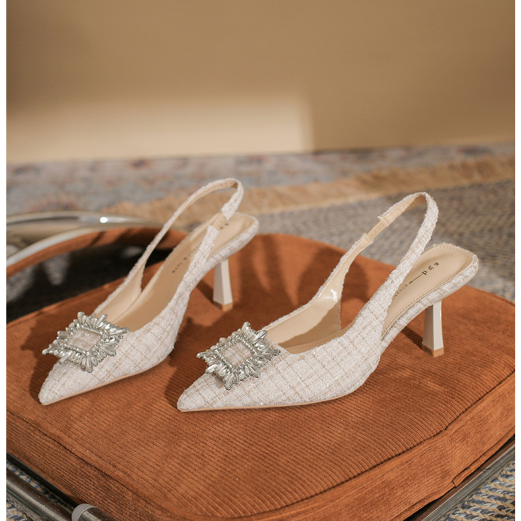 Giày hở gót nữ 6p mũi nhọn charm đá bít mũi thời trang công sở đẹp -Dazzling Shoes DA859