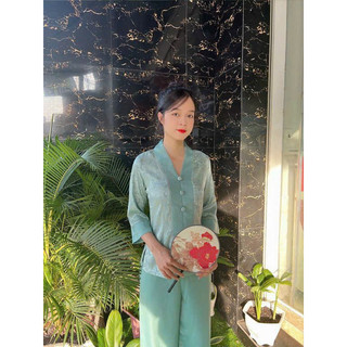 Đồ Lam Đi Chùa - Bà Lai Gấm Nút Bọc Phối Quần Lụa