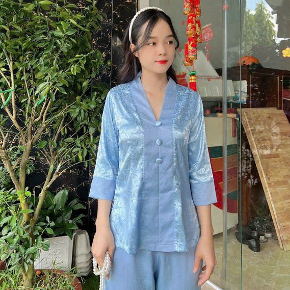 Đồ Lam Đi Chùa - Bà Lai Gấm Nút Bọc Phối Quần Lụa