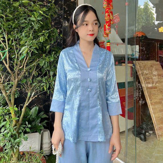 Đồ lam đi chùa - bà lai gấm nút bọc phối quần lụa