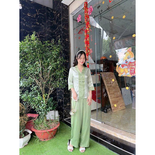 Đồ Lam Đi Chùa - Bà Lai Gấm Nút Bọc Phối Quần Lụa