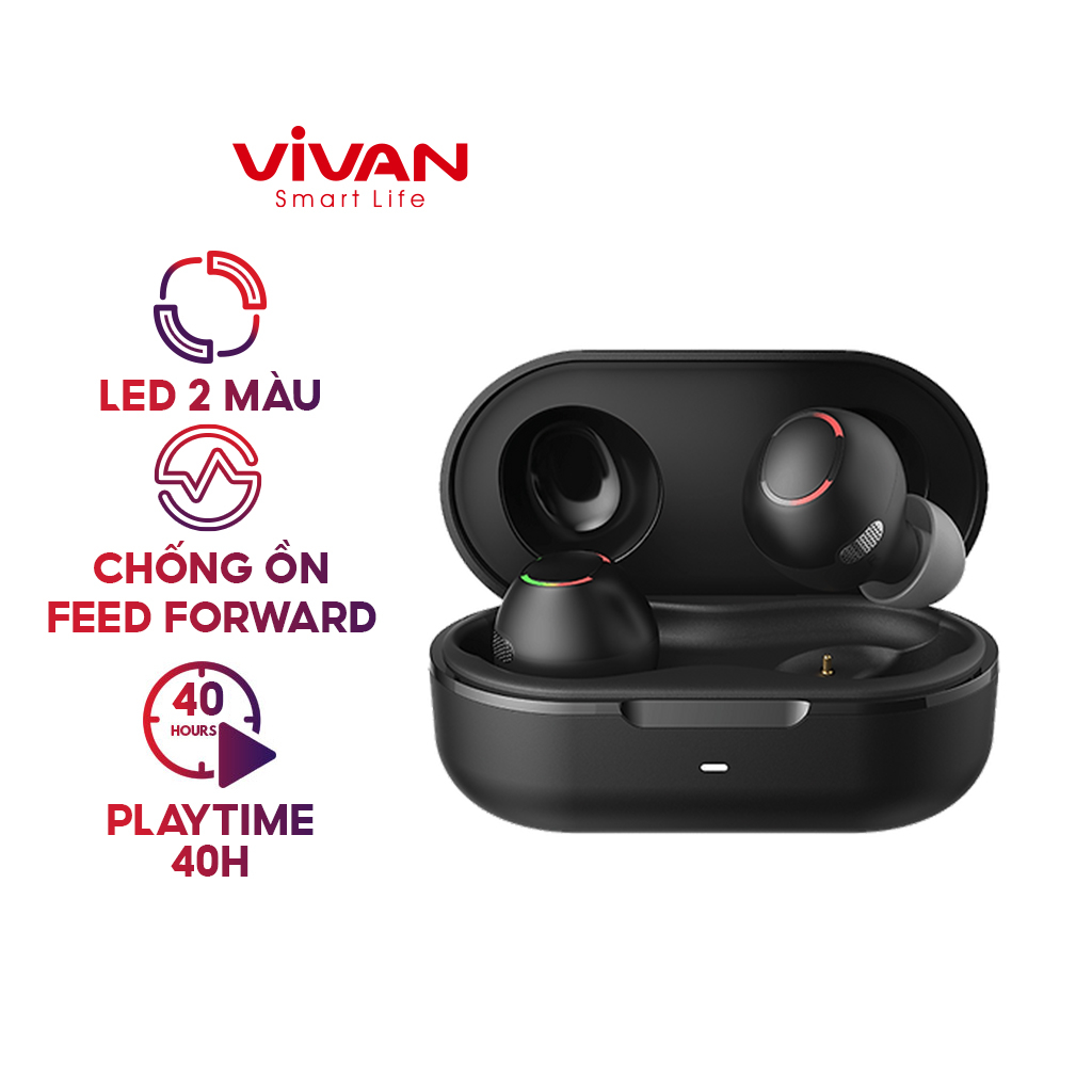 Tai Nghe Bluetooth 5.2 VIVAN TWS Liberty T110 Black TWS, Led 2 Màu, Playtime 40h, Chống Ồn Tốt - Hàng Chính Hãng