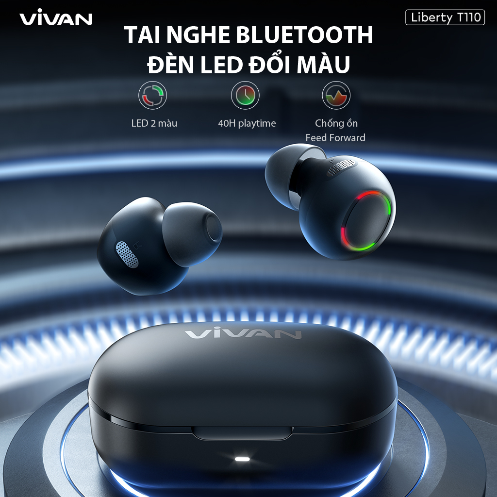 Tai Nghe Bluetooth 5.2 VIVAN TWS Liberty T110 Black TWS, Led 2 Màu, Playtime 40h, Chống Ồn Tốt - Hàng Chính Hãng