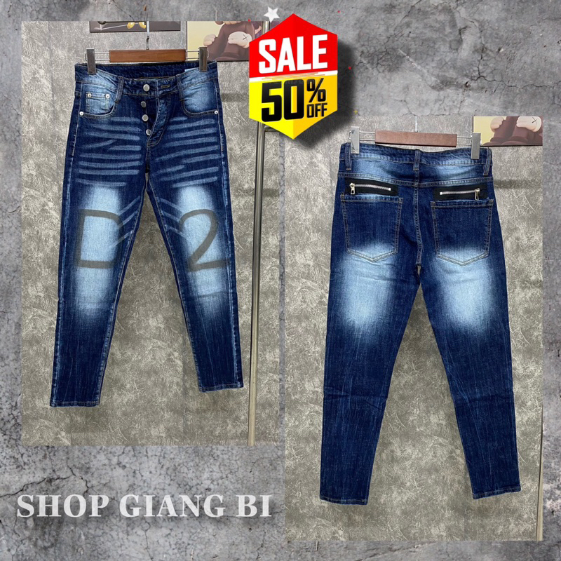 Quần jean xanh dsq2 in chìm chữ D2 hai bên gối,quần bò xanh trơn D2 in chữ phối khoá zip hai túi quần