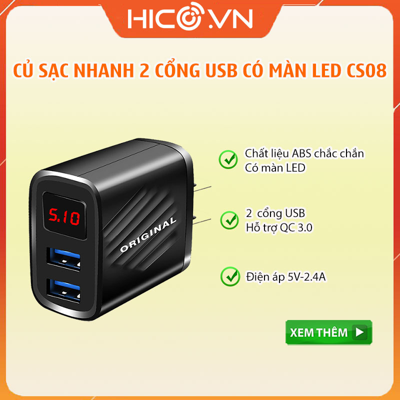 Củ Sạc 2 Cổng Đầu Ra USB Có Màn Hình Đèn Led Kỹ Thuật Số, Chất Liệu Nhựa Abs Chắc Chắn