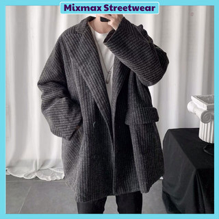 Áo khoác blazer dáng dài màu ghi kẻ Ulzzang dáng rộng siêu chất ❤️