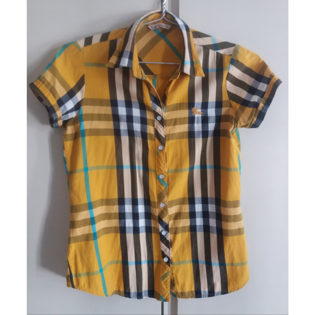 ÁO SƠ MI NỮ TAY NGẮN VÀNG PHỐI SỌC KIỂU BURBERRY