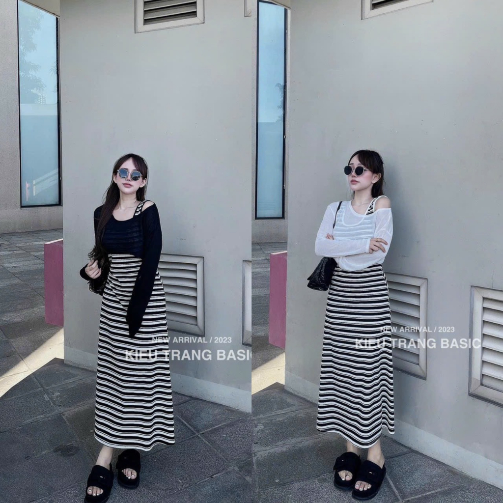 Đầm váy nữ thun gân kẻ sọc sang chảnh kèm áo khoắc tay dài tôn dáng dễ thương xinh xắn đi chơi dự tiệc