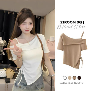 A70 áo thun phông 21room lệch vai, áo thun rút eo vạt nhọn