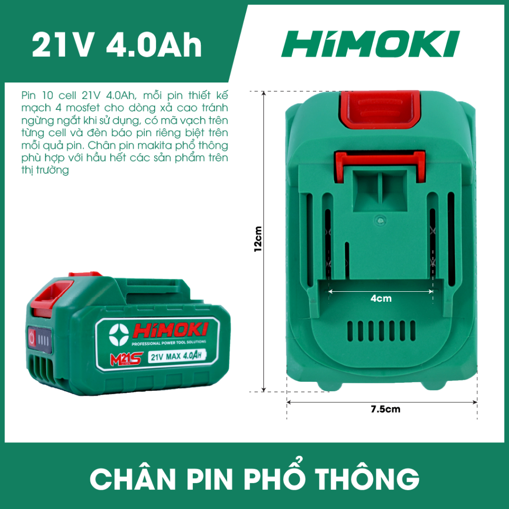 Pin Himoki 10 Cell 4Ah Lithium Ion - Mạch 4 mosfet  -  Pin 10 cell - Chân pin makita thông dụng - Có đèn báo dung lượng